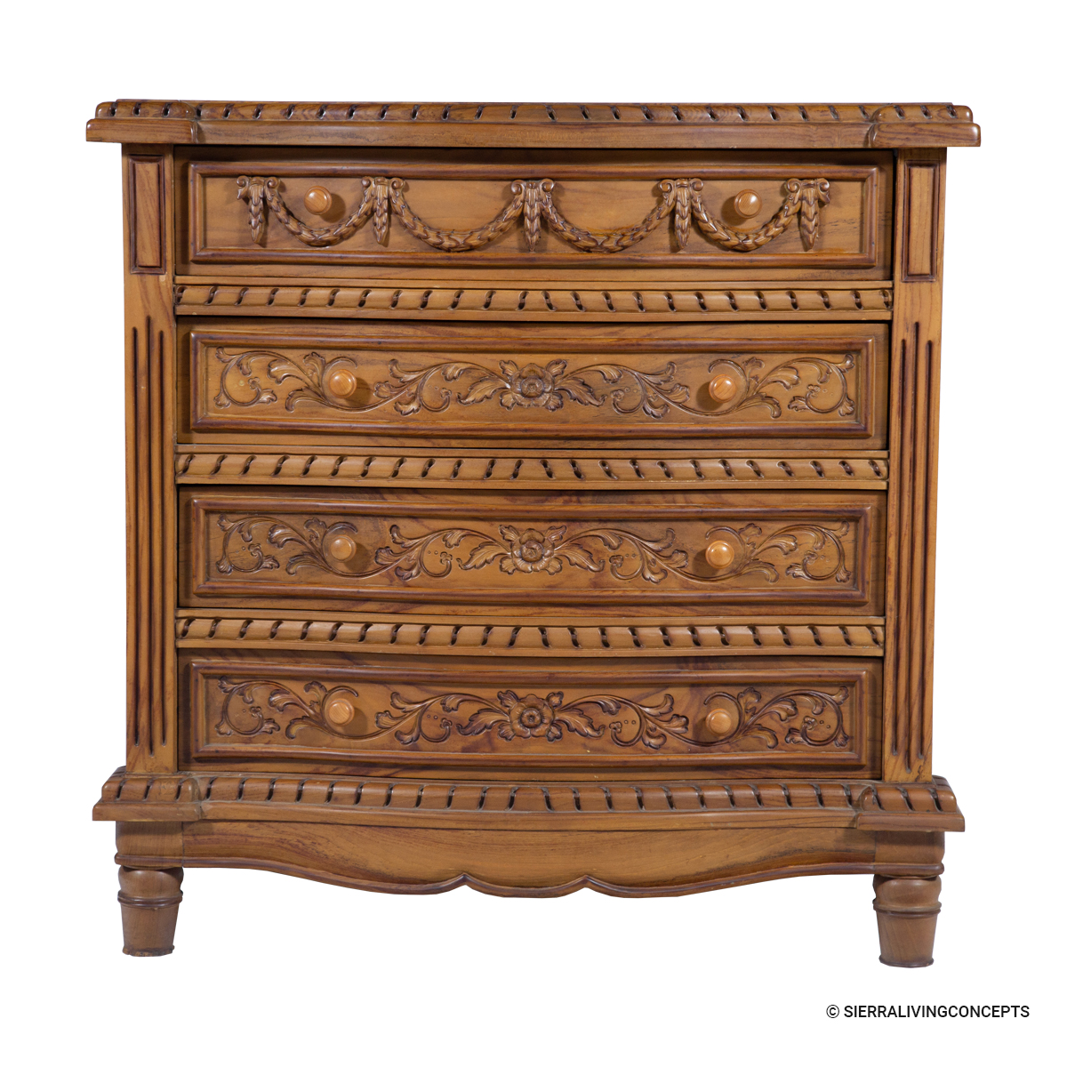 Esparto Mid Century French Hand Carved Rustic 4 Drawer Dresser