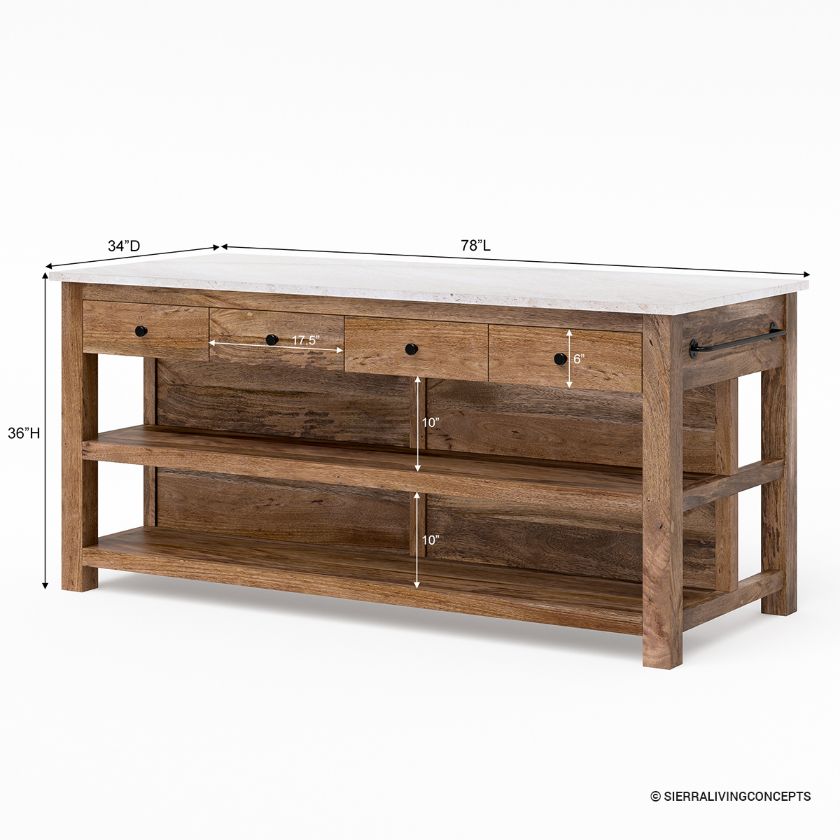 Visalia Modern Rustic Marble Top Kitchen Island with Open Shelves Storage Size Image