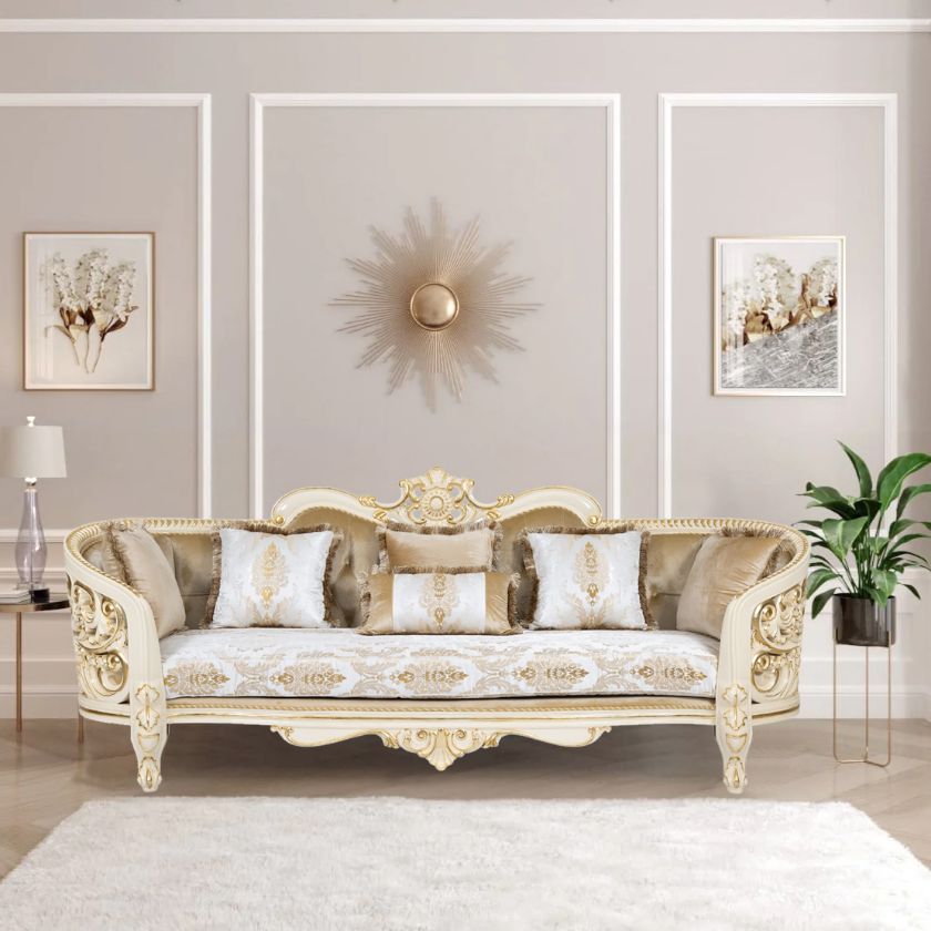 Picture of Heber Queen Anne Style Tufted Upholstered French White 3 Seater Sofa		