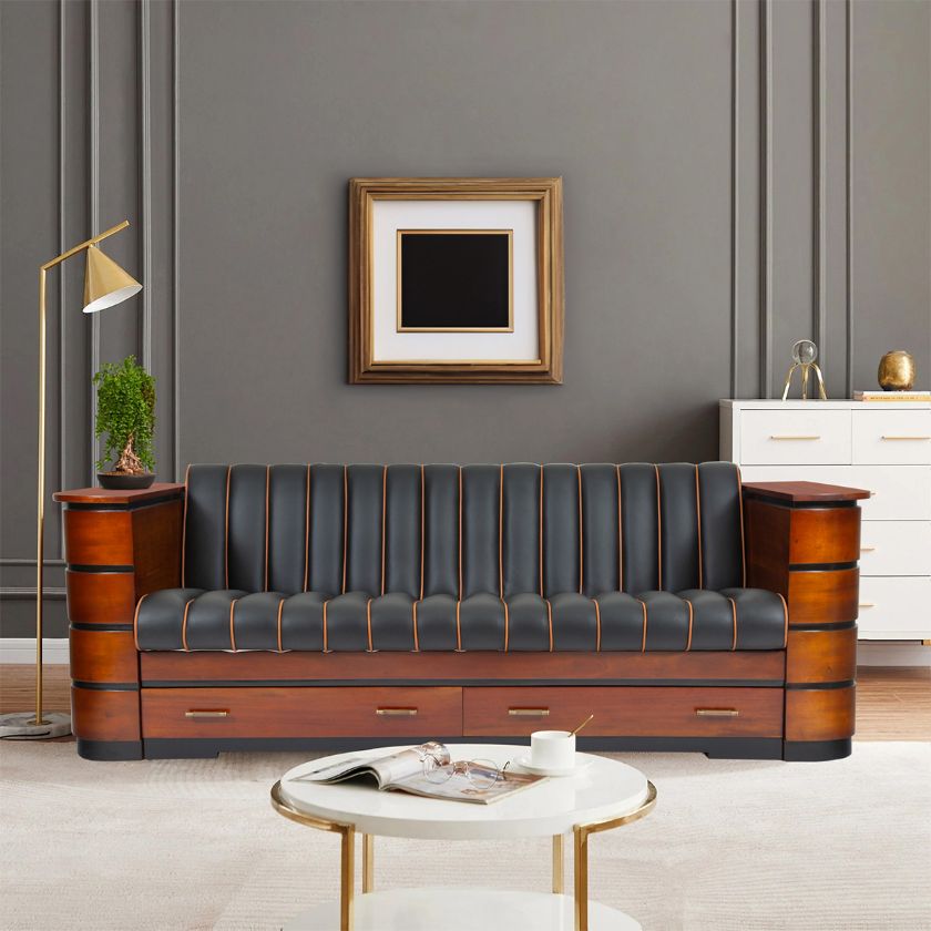 Picture of Lusaka Solid Mahogany Wood Leather Tufted Loveseat Sofa With Storage		
