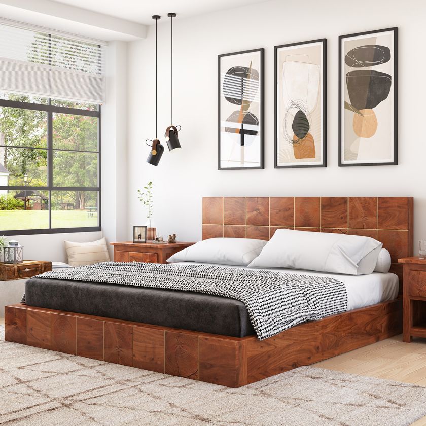 Picture of Ripon Modern Style Brass Inlay Acacia Rustic Low Profile Platform Bed
