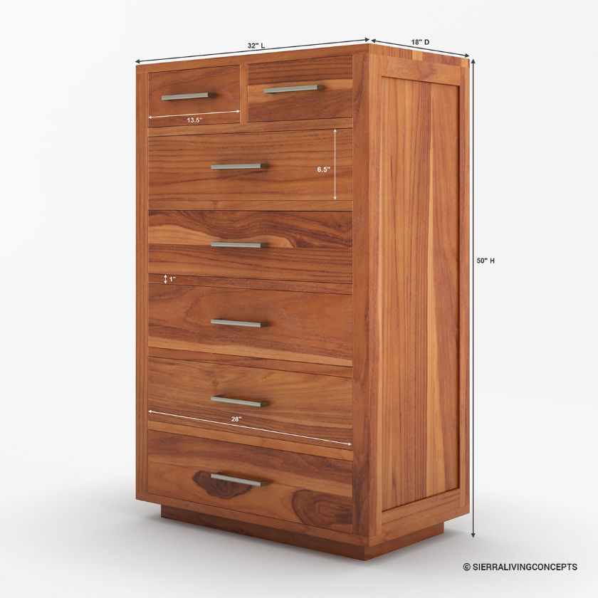 Bonalbo Rustic Solid Wood 7 Drawer Tall Bedroom Dresser Dimension Image