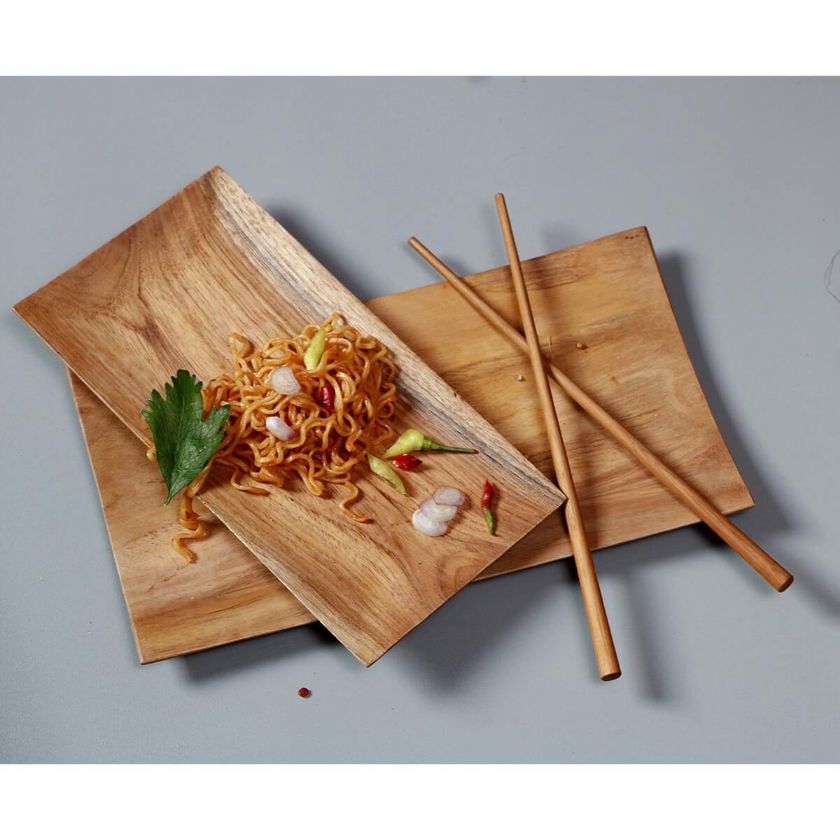 Picture of Hida Solid Teak Wood Rectangular Serving Plates with Chopsticks