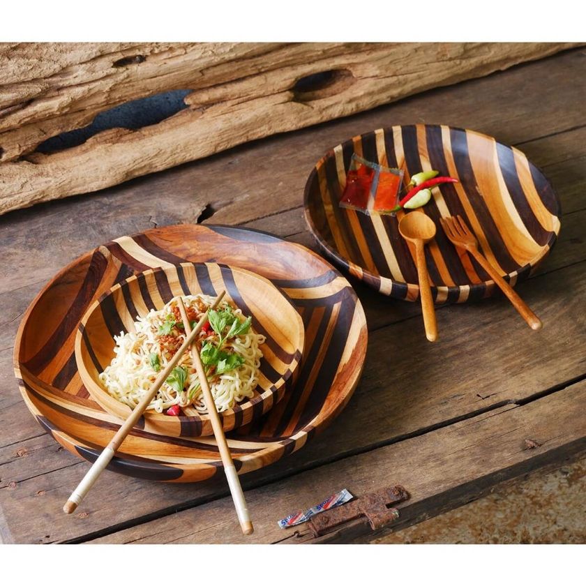 Picture of Selangor Teak Wood Serving Plates with Chopsticks, Fork and Spoon