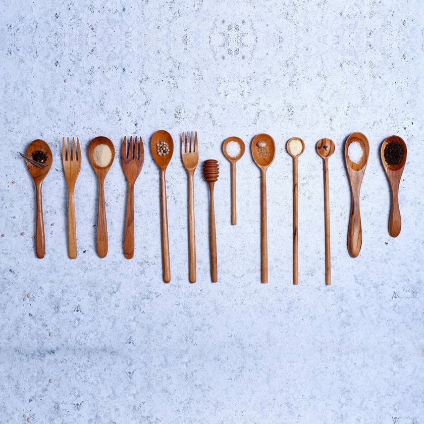 Picture of Jamboree Solid Teak Wood Handmade Assortment of 13-Pc Spoons and Forks