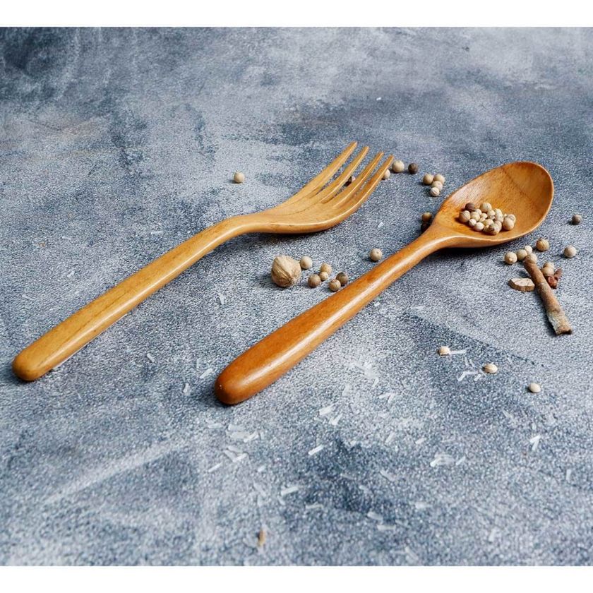Picture of Bibury Solid Teak Wood Fork and Spoon Set (Pack of 12 Pieces)