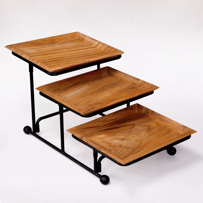 Picture of Teak Wood 3-Tier Rectangular Serving Platter with Iron Stand