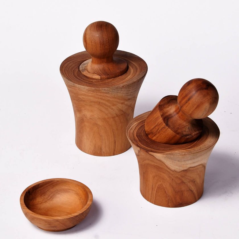 Picture of Solid Teak Wood 3-Piece Set of Mortars and Pestles and Bowl