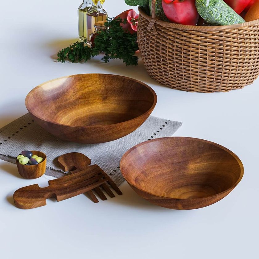 Picture of Solid Teak Wood 3 Piece Set Bowls With Serving Hands