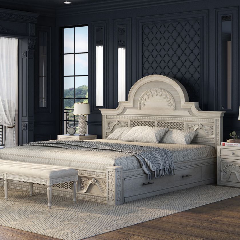 Picture of Pittsburg Carved Solid Wood Platform Bed Frame with Storage