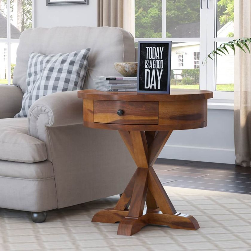 Picture of Floreo Rustic Solid Wood Round End Table With Drawer