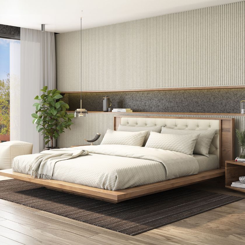 Picture of Montague Modern Acacia Wood Floating Bed Frame with Tufted Headboard