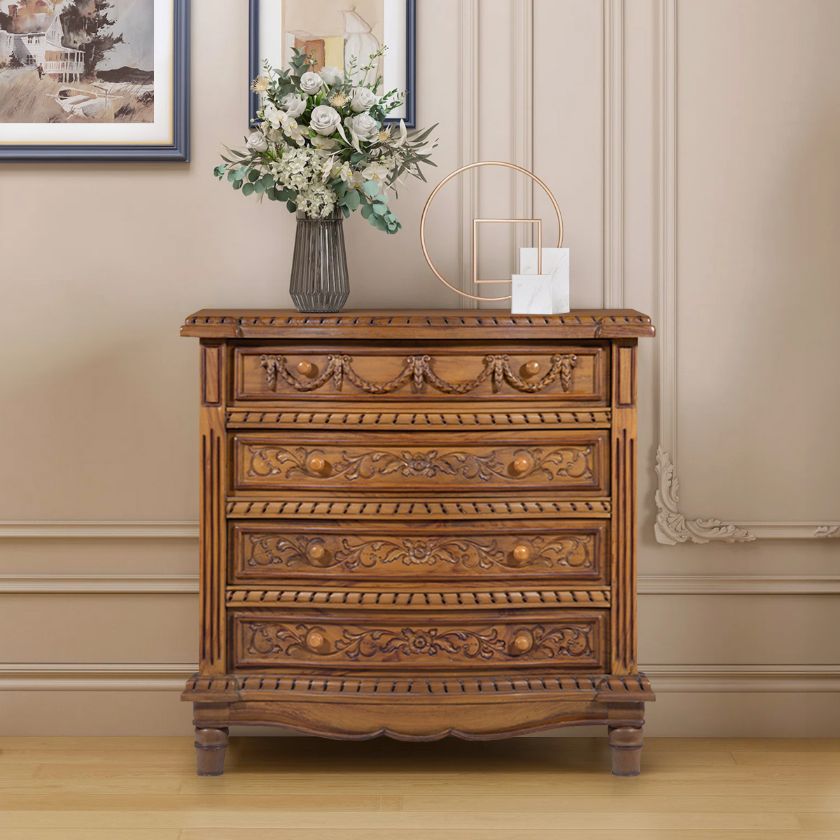 Picture of Esparto Mid Century French Hand Carved Rustic 4 Drawer Dresser