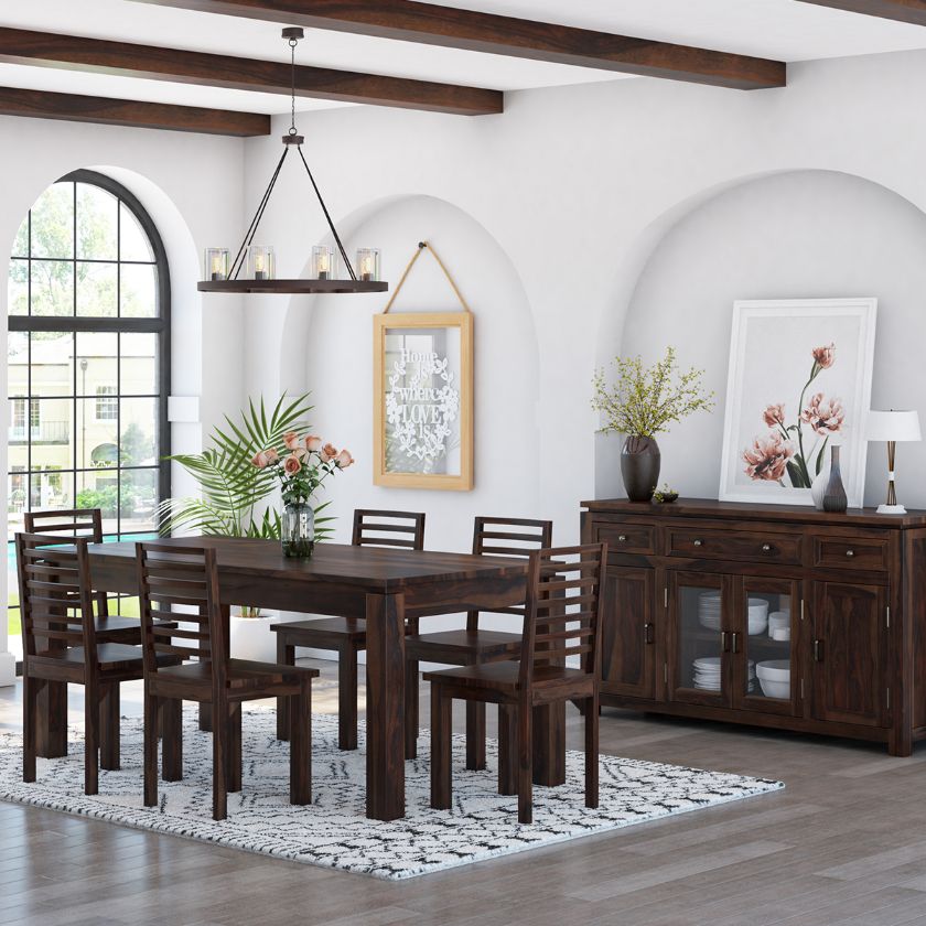 Picture of Sela Classic Rustic Solid Wood 8 Piece Dining Room Set
