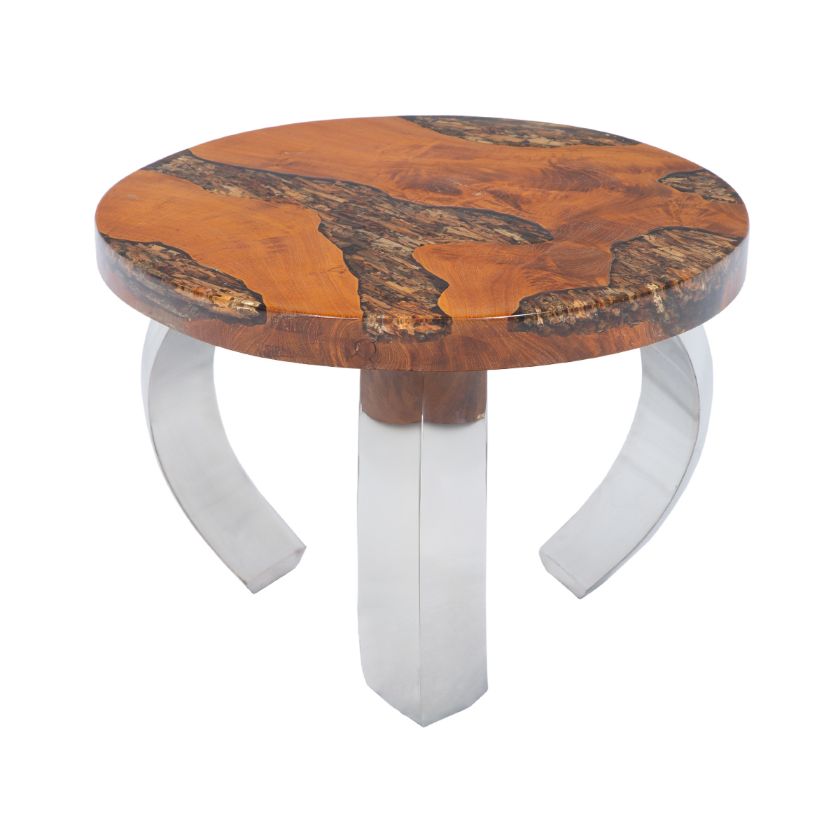 Picture of Obidos Round Solid Wood End Table With Stainless Steel Base