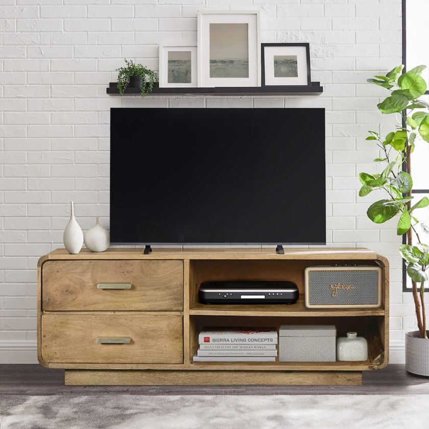 Picture of Hialeah Rounded Corner Rustic Mango Wood 2 Side Drawer TV Media Island