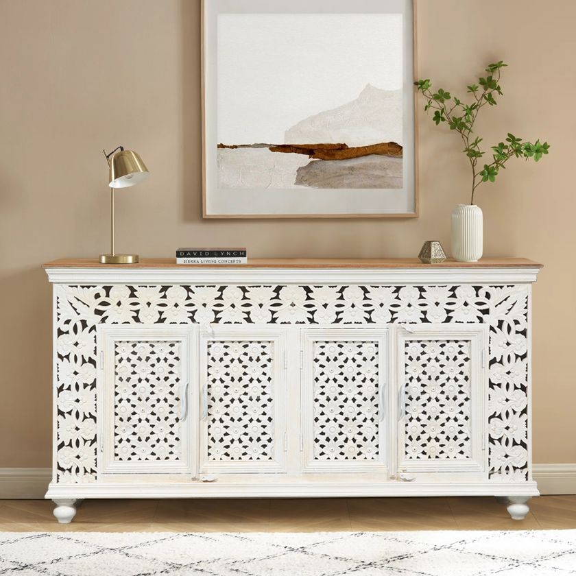 Picture of Hughson Traditional Cream White Ornate Hand Carved 4 Door Sideboard