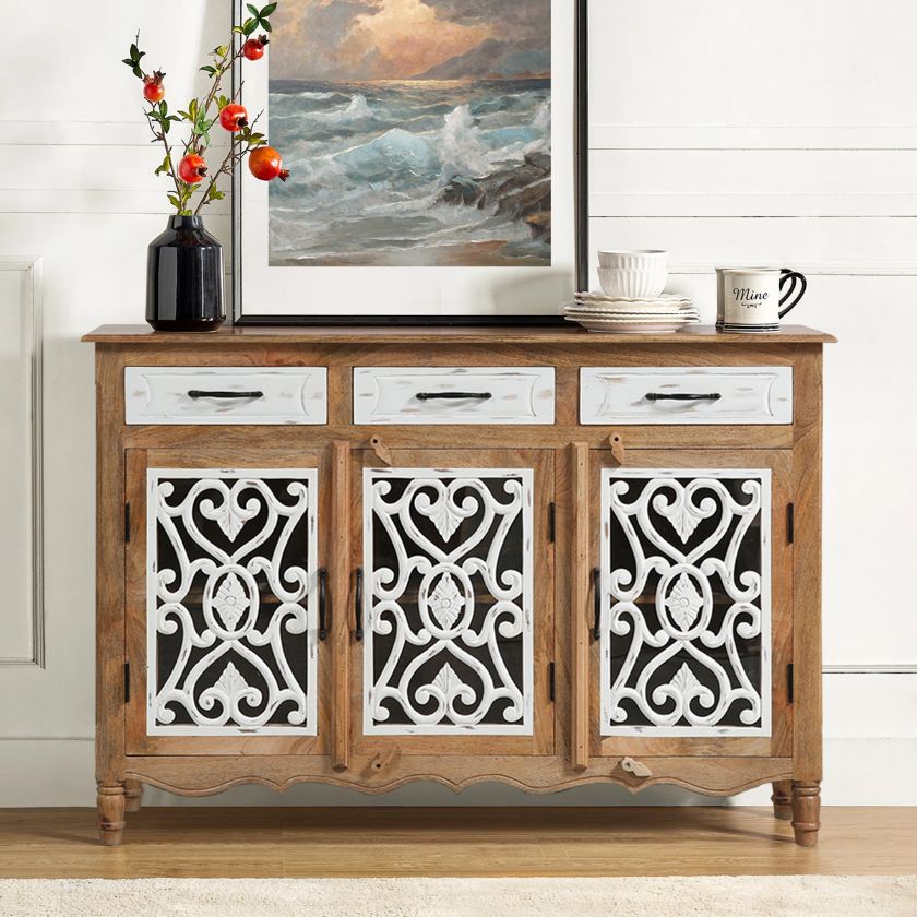Picture of Cayucos Traditional Rustic Solid Wood Fretwork 3 Door White Sideboard