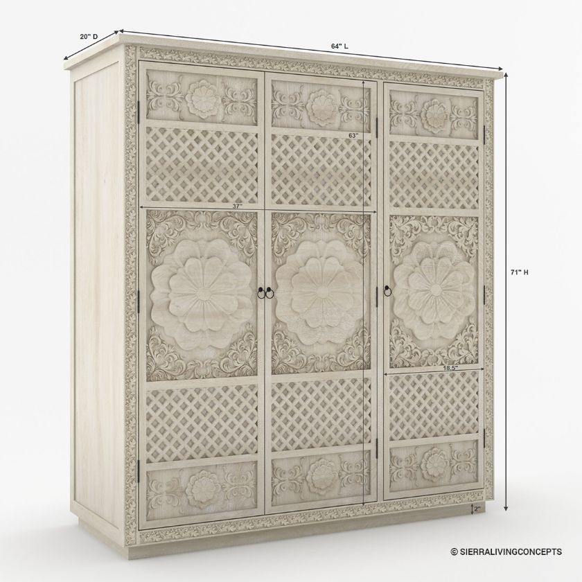 Nuala Hand Carved Solid Wood Large Ivory White Wardrobe Armoire Dimension Image