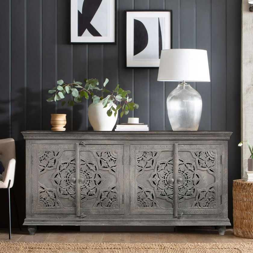 Picture of Amador Traditional Floral Mandala 4 Door Charcoal Gray Large Sideboard