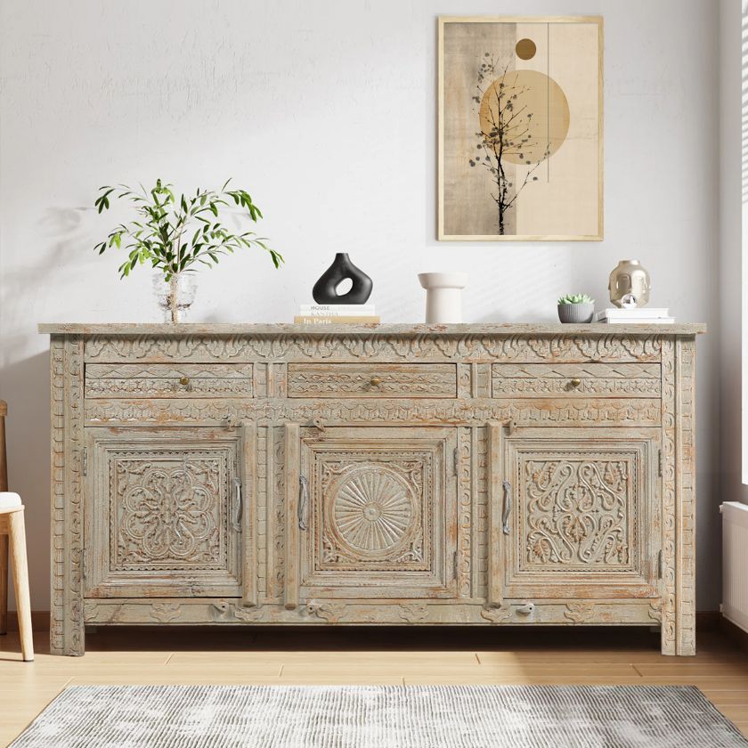 Picture of Mendocino Distressed Hand Carved Mid Century Sideboard with 3 Drawers