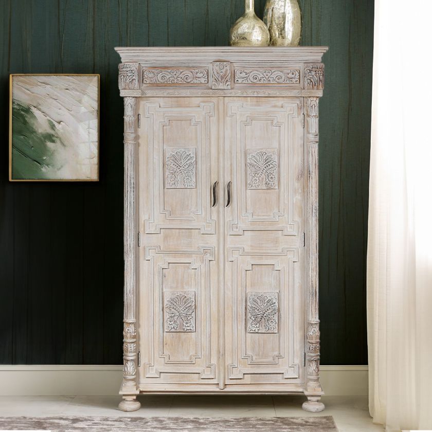 Picture of Keene Country Weathered White Solid Wood 2 Door Hand Carved Armoire