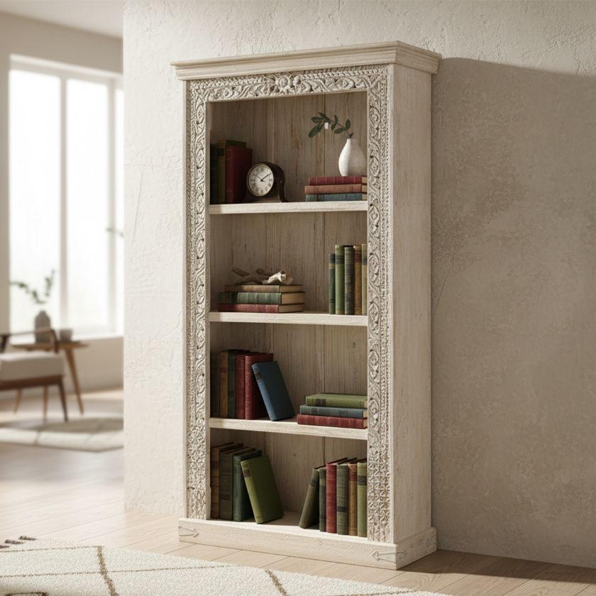 Picture of Cerritos Solid Reclaimed Wood White 4 Shelf Tall Bookcase