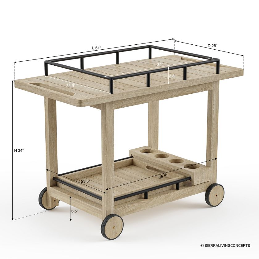 Dover Rustic Outdoor Bar Cart Dimension Image