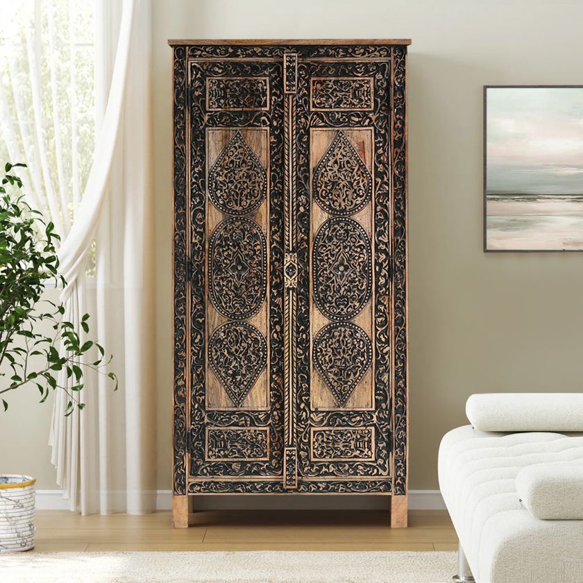 Picture of Siskiyou Traditional Style Rustic Black Ornate Carving Antique Armoire