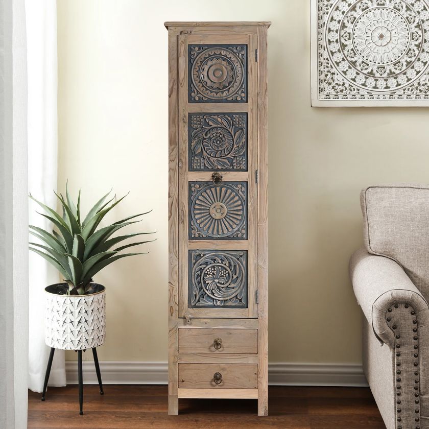 Picture of Yolo Vintage Rustic Solid Wood 2 Petite Drawer Tall Cabinet Tower