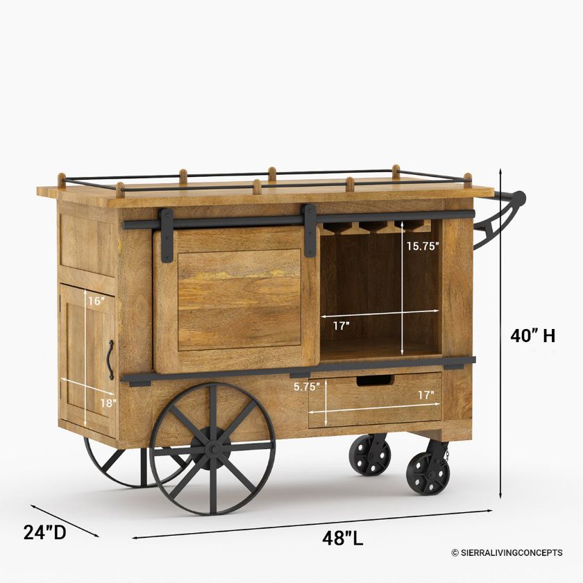 Bieber Large Industrial Farmhouse Bar Cart with Barn Door Dimension Image