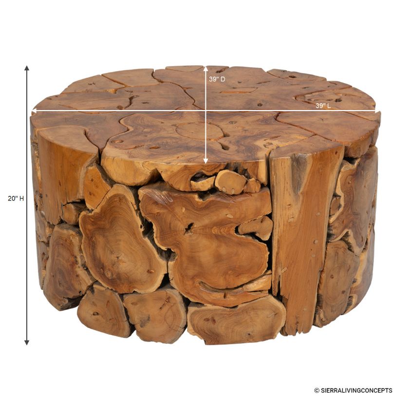 Guilford Antique Outdoor Round Teak Slice Coffee Table Dimension Image