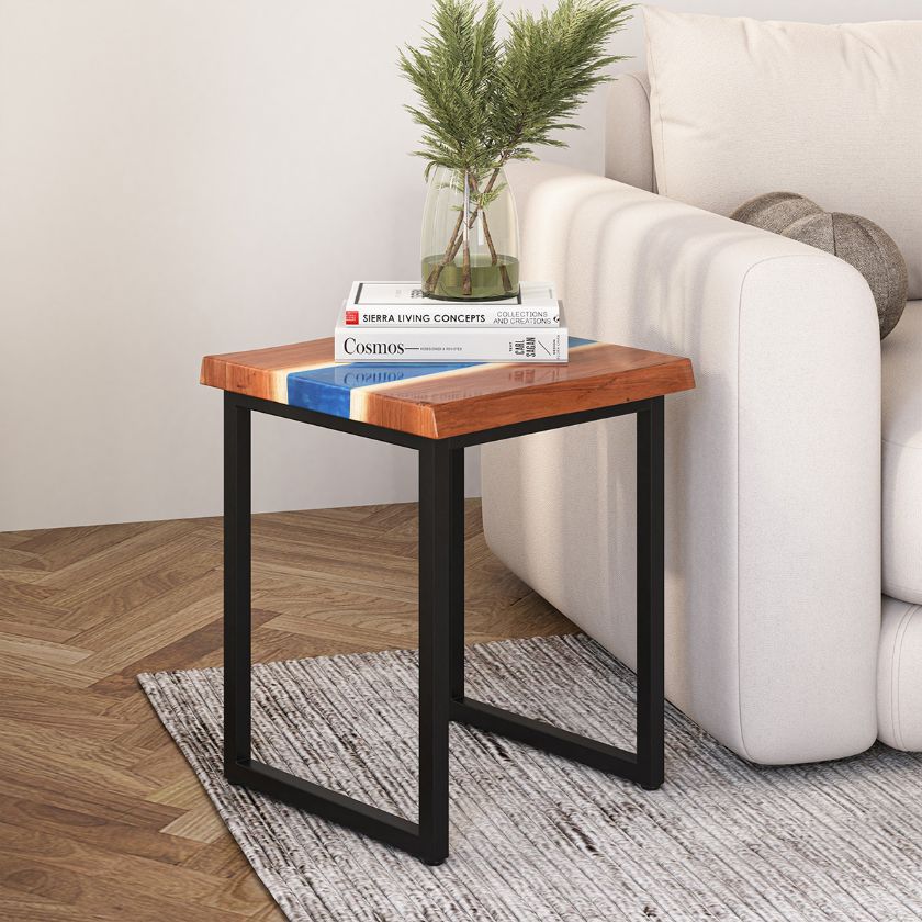 Picture of Pixley Industrial Acacia Wood Blue Epoxy End Table