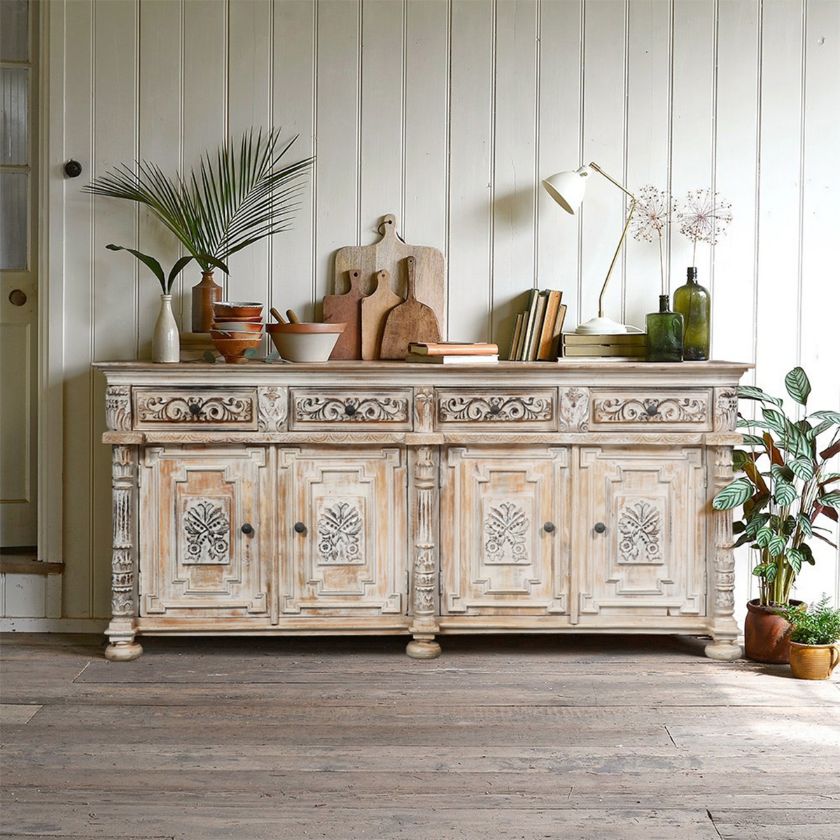 Picture of Keene Country Weathered White Solid Wood 4 Door Hand Carved Sideboard