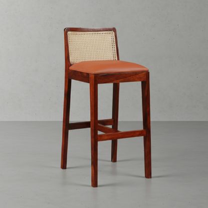 Picture of Orange Mid Century Leather Bar Stool with Cane Back