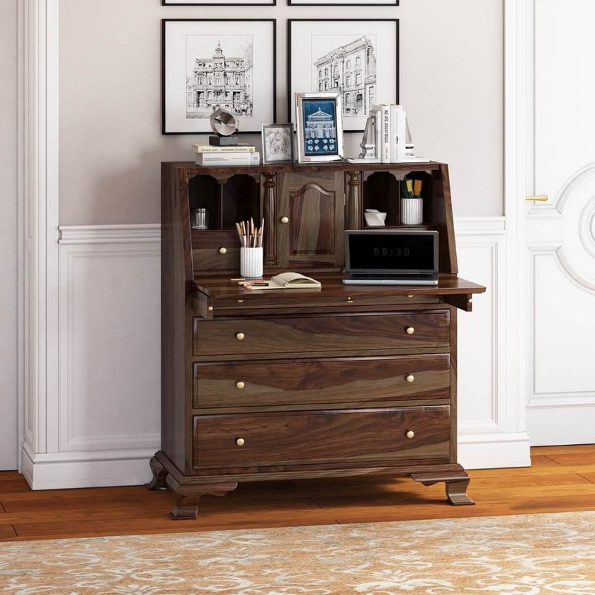 Jasper Tall Drop Front Solid Wood Home Office Secretary Desk With Hutch Size Image