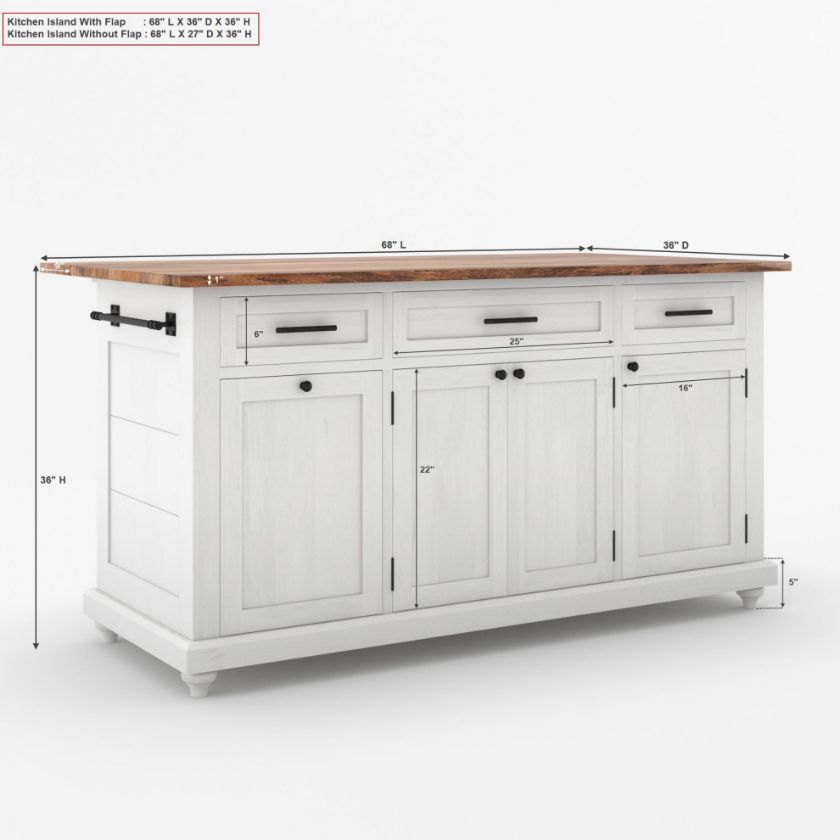Casselton Solid Wood Two Tone White Kitchen Island with Storage Size Image