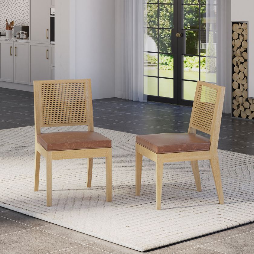 Descanso Modern Farmhouse Leather Cane Dining Chair