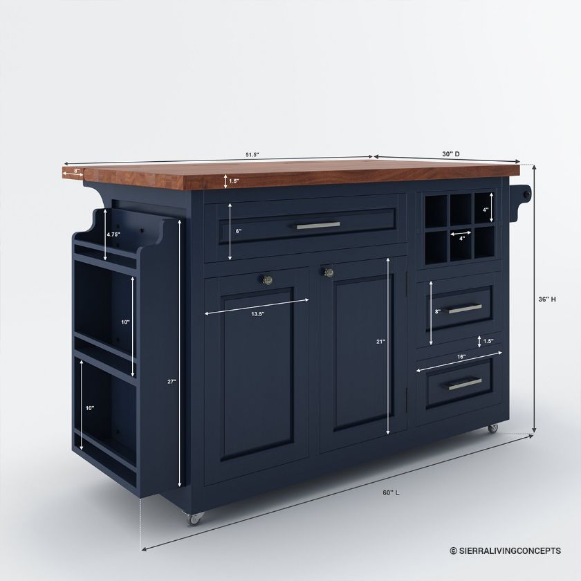 Erie Modern Butcher Block Drop Leaf Kitchen Island Carts with Trash bin Dimension Image