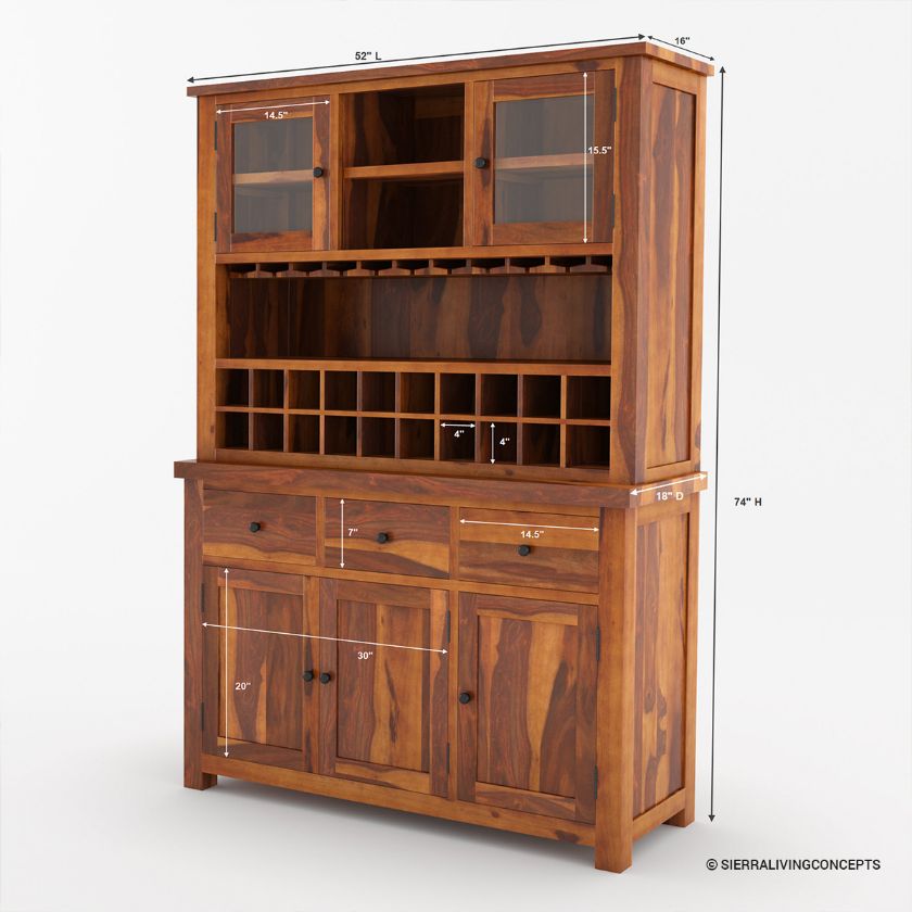 Cloverdale Rustic Solid Wood Wine Bar Hutch Cabinet Dimension Image