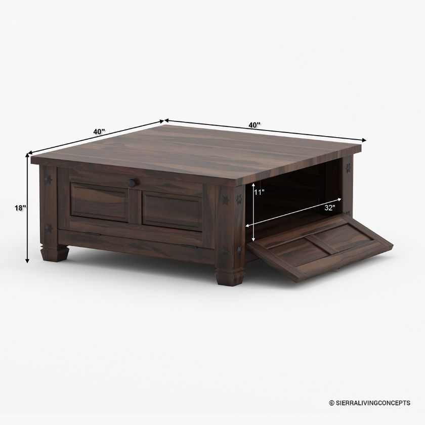 Russet Solid Wood 4 doors Square Rustic Coffee Table With Storage Size Image