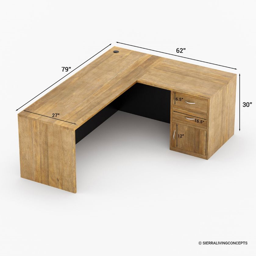 Brisbane Modern Rustic Solid Wood 2 Tone L Shaped Office Desk Dimension Image