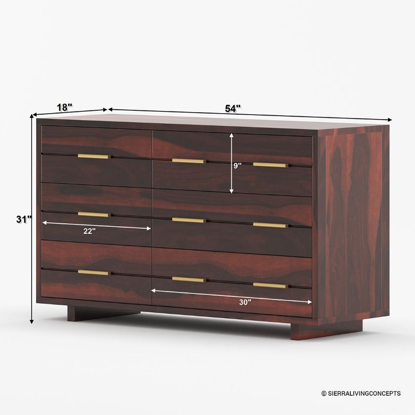 Dawlish Modern Solid Wood 6 Drawer Double Dresser Dimension Image