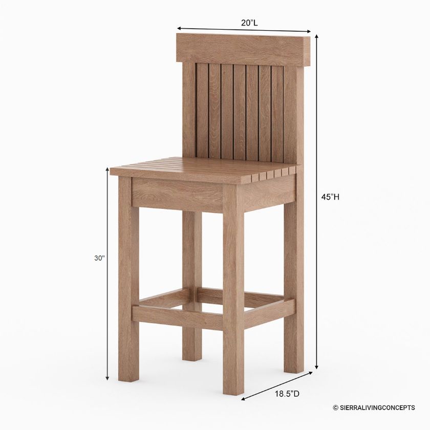 Brantford Teak Bar Height Outdoor Stools (Set of 2) Dimension Image