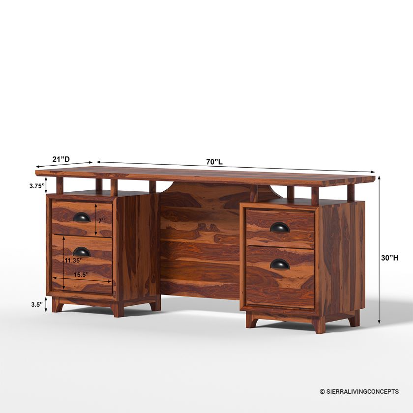 Hondah Rustic 70 Inch Large Home Office Solid Wood Desk with Drawers Dimension Image