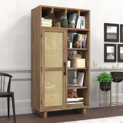 Picture of Lorain Solid Wood Bookcase with Rattan Door