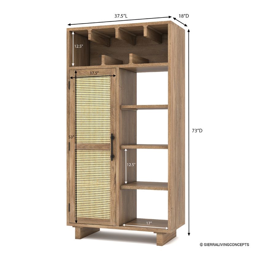 Lorain Solid Wood Bookcase with Rattan Door Dimension Image