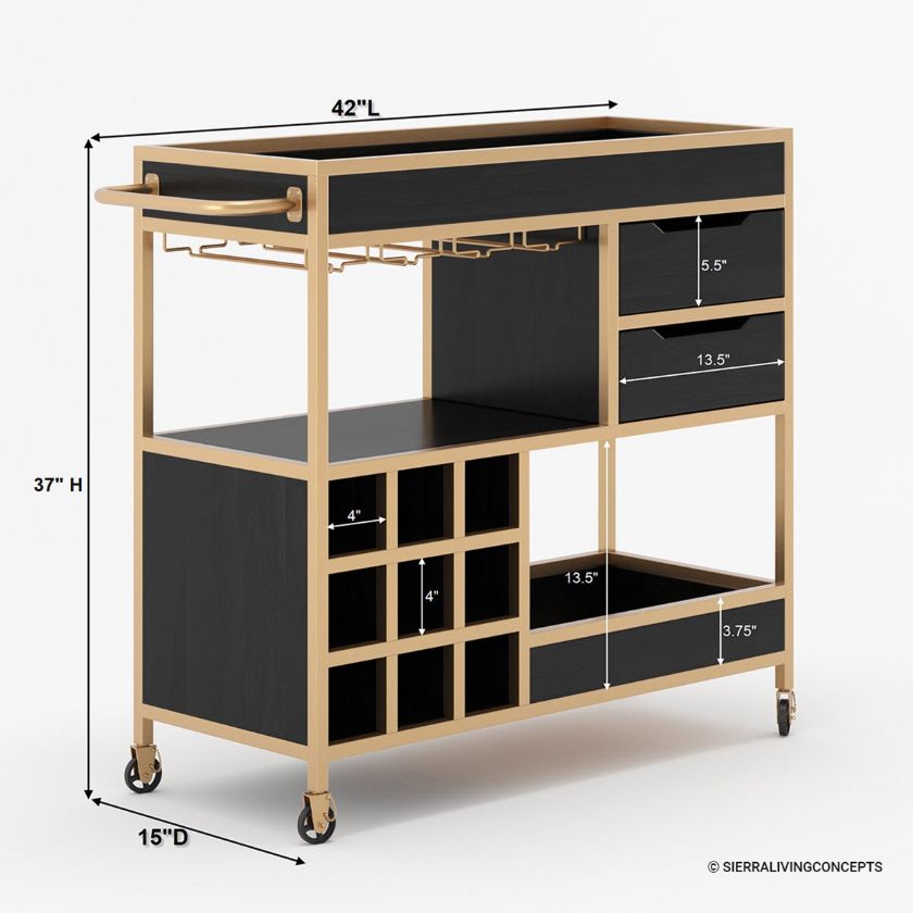 Martella Modern Solid Wood Gold Metal Bar Cart Dimension Image