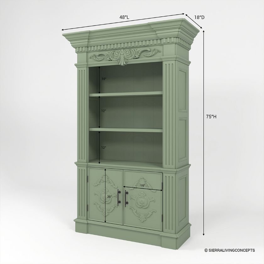 Escalon Hand Carved Solid Wood Bookcase with Door Dimension Image