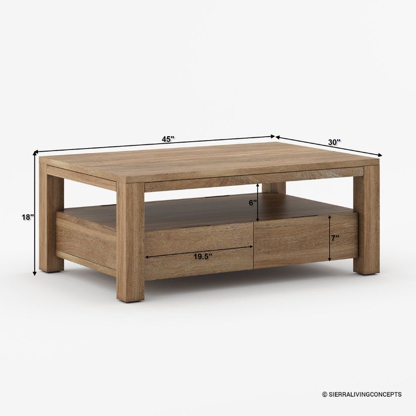 Glenbrook Solid Wood 2 Tier Coffee Table​ With Drawers Dimension Image
